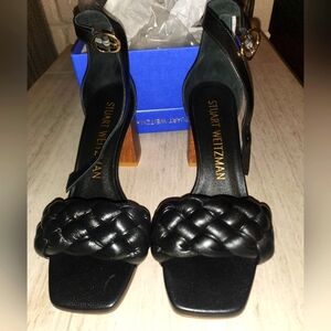 Stuart Weitzman Braida 75 Sandals, Womens 8.5 N, Black, Walnut heel NIB